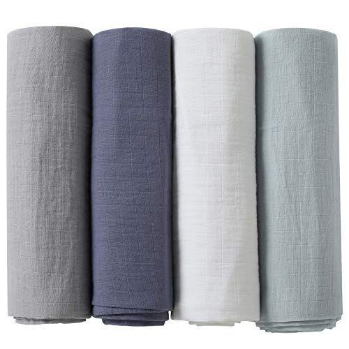 Imagem de Cobertores pomiso muslin swaddle, manta de swaddle bebê, grande 47 x 47 polegadas Muslin Baby Blanket wrap para Baby Boys and Girls, 4 Pack, Solid Color, Grey Blue White Green