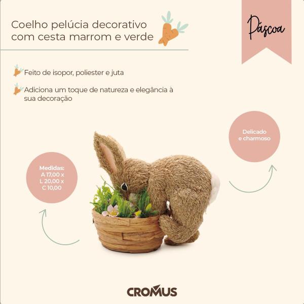 Imagem de Coelho de Pelúcia decorativo com Cesta Florida Marrom e Verde 17x20 cm