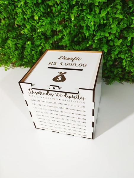 Imagem de Cofre Desafio dos 100 depositos junte R 5.000,00 em mdf branco personalizadoa  laser