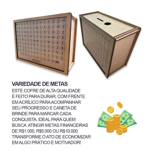 Imagem de Cofre MDF Desafio 10 Mil/5 Mil/1 Mil  Caixa de Dinheiro Método Japonês  Escolha Sua Meta