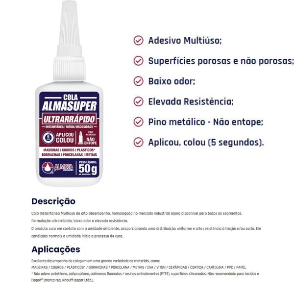 Imagem de Cola Adesivo Instantâneo Ultrarrápido 50G Almasuper Almata