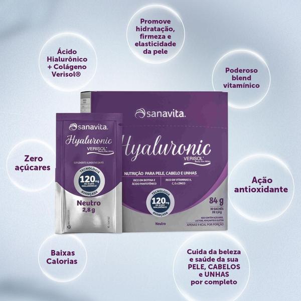 Imagem de Colágeno Hidrolisado Verisol c/ Ácido Hialurônico 120mg Sanavita Hyaluronic 30 Sachês - Beleza p/ Pele - Cabelos - Unhas