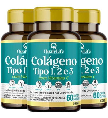 Imagem de Colágeno Tipo 1,2 E 3 Vitamina C 3 X 60 Cápsulas Qualylife