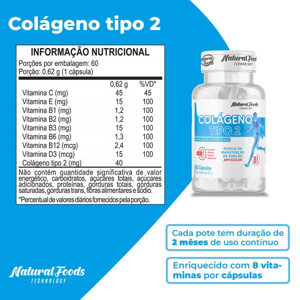 Imagem de  Colágeno Tipo 2 Natural Foods  com Vitaminas C E e D3 Zero Lactose Glúten e Açúcar 60 Cápsulas