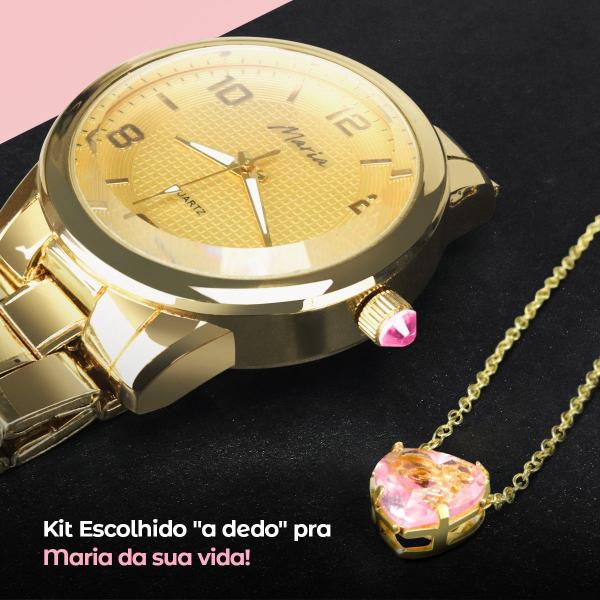 Imagem de Colar coração + relogio feminino dourado strass + pulseira