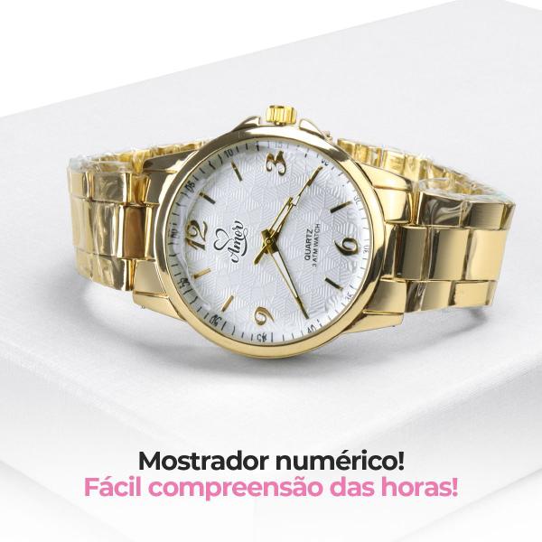 Imagem de colar coração strass + relogio feminino dourado aço moda presente inoxidavel qualidade premium