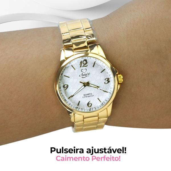 Imagem de colar coração strass + relogio feminino dourado aço moda presente inoxidavel qualidade premium