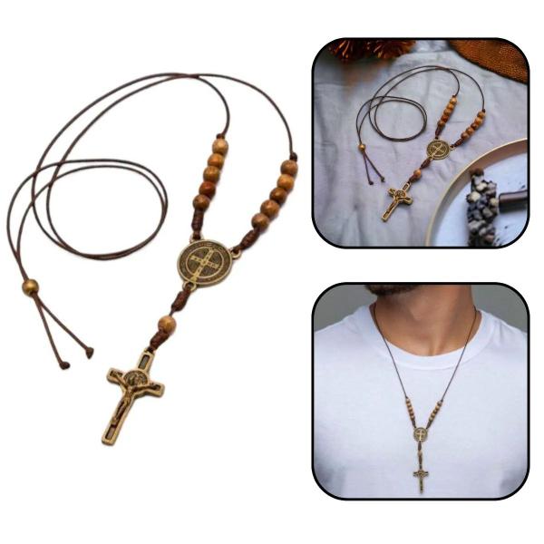 Imagem de Colar de pescoço crucifixo masculino madeira 6 mm cruz são bento