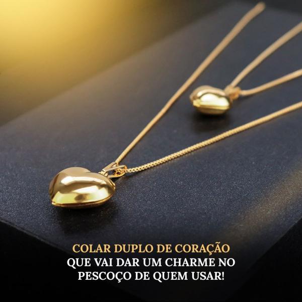 Imagem de Colar duplo coração + caixa + relogio feminino dourado aço social qualidade premium presente ouro