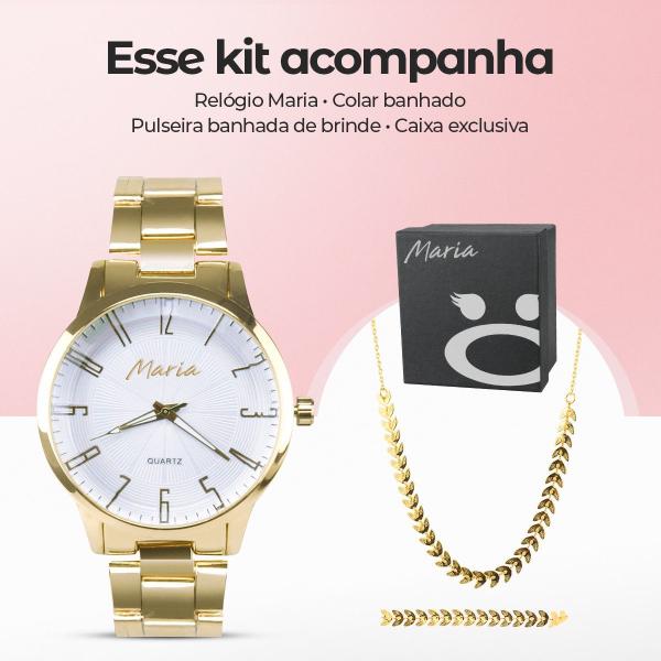 Imagem de Colar escama ouro + pulseira + relogio feminino dourado banhado social qualidade premium presente