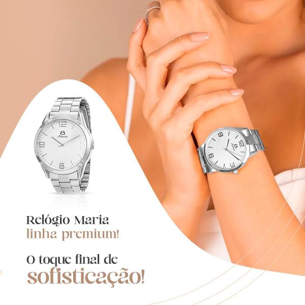 Imagem de Colar + relogio feminino aço prata inox + brincos + caixa qualidade premium casual presente moda