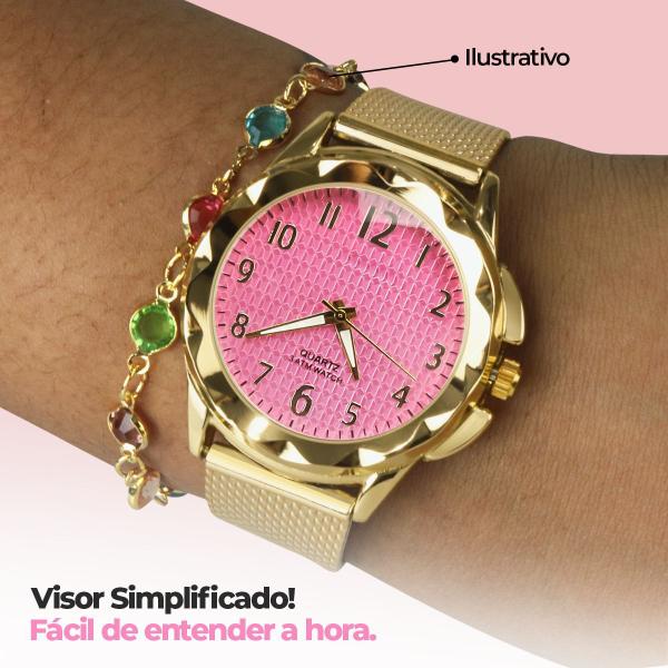 Imagem de Colar + Relógio Feminino Dourado Banhado Ouro + Pulseira