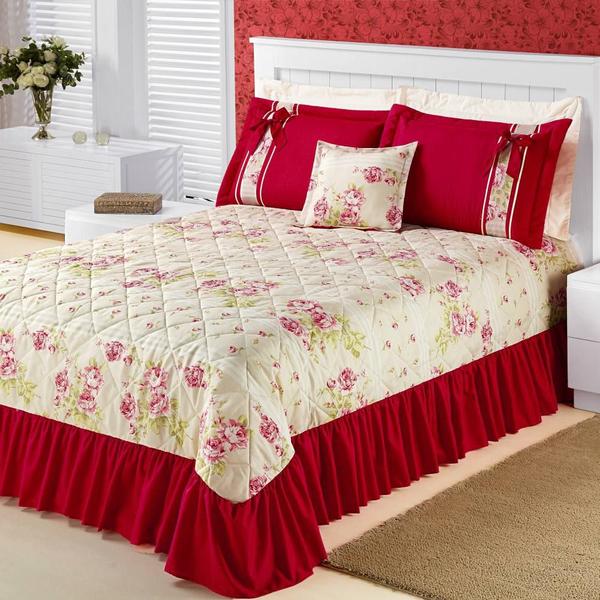 Imagem de Colcha Casal Cláudia Estampada 5 Peças - Floral Vermelho