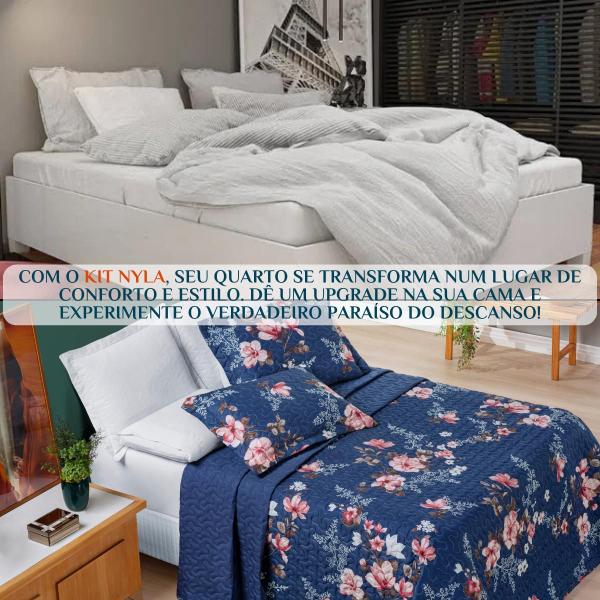 Imagem de Colcha Casal Super King Cama Box Nyla Kit Cobre Leito Dupla Face 200 Fios Estampado Avere