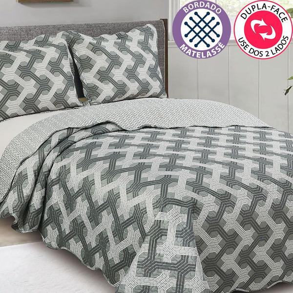 Imagem de Colcha Cobre Leito Casal 3 peças dupla face Bordada Matelassê Estampada Camesa - Emcompre