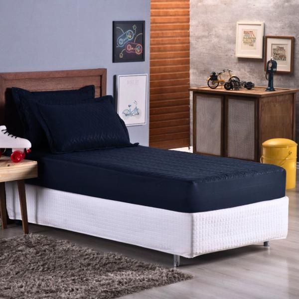 Imagem de Colcha Cobre Leito Jogo Roupa Cama Infantil 2 Pçs Matelado Sleep Quarto Menino Azul Marinho Simples