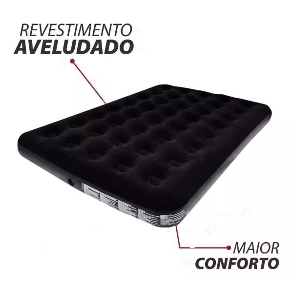 Imagem de Colchão Inflável Casal Deluxe Suporta 300kg Preto Vinil + Mini Compressor Ar 12V 300psi