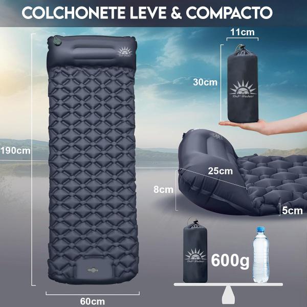 Imagem de Colchão Inflável Solteiro Compacto Camping Acampamento Viagem Ao Ar Livre Bomba Embutida Travesseiro Almofada 190cm