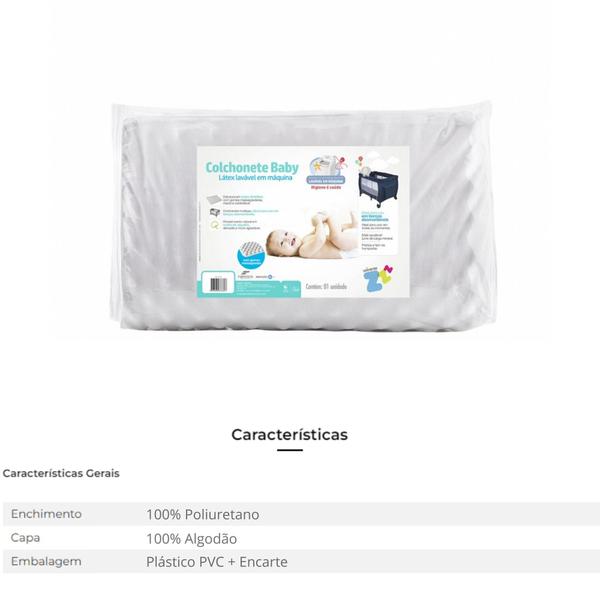 Imagem de Colchonete Para Berço Desmontável Baby 72x105x04 cm, Fibrasca, Revestimento 100% Malha De Algodão, Branco