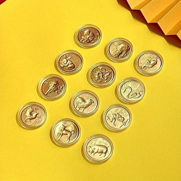 Coleção Moedas Zodíaco Chinês Douradas Conjunto de 12 em Caixa