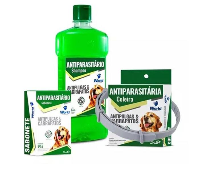 Imagem de Coleira Shampoo Sabonete Caes Pet Kit Mata Carrapatos Pulgas - World