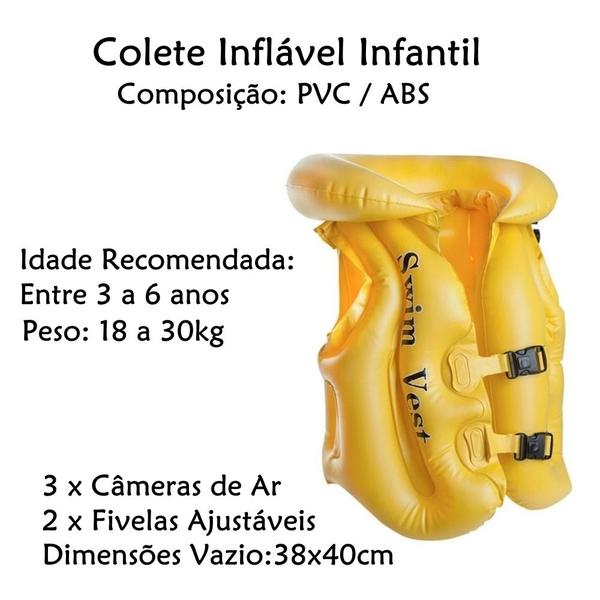 Imagem de Colete Inflável Amarelo para Crianças de 3 a 6 anos 18 a 30Kg DM Splash