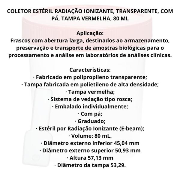 Imagem de Coletor estéril, transparente, com pá, tampa vermelha, 80 ml