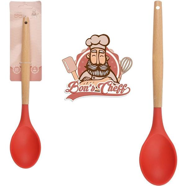 Imagem de Colher Arroz Silicone Vermelho Cabo Madeira Bons Chef 31X6,5