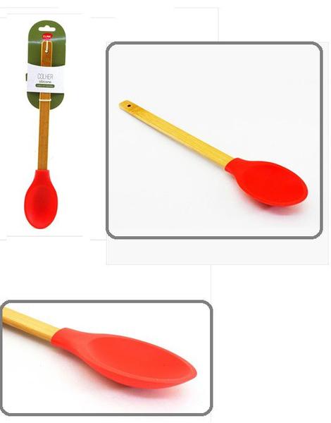 Imagem de Colher de Arroz Multiuso de Silicone Vermelho Cabo Bambu 32cm