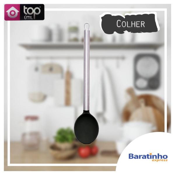 Imagem de Colher De Servir Silicone Preto Cabo Aço Inox Cozinha 33cm