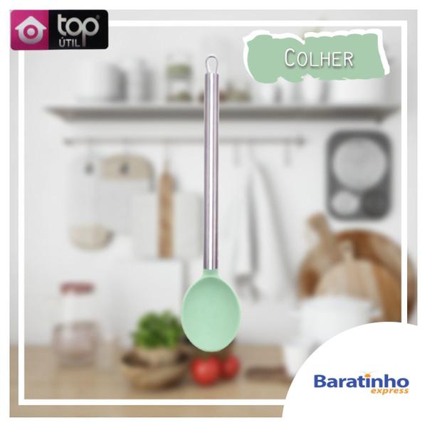 Imagem de Colher De Servir Silicone Verde Claro Aço Inox Cozinha 33cm