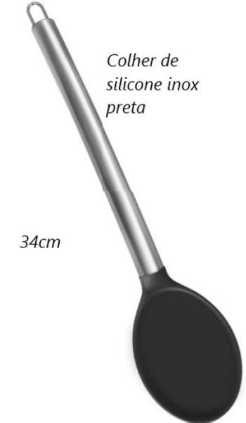 Imagem de Colher de silicone aço inox resistente arroz grande preta em alta qualidade Sobremesa Reforçado Multiuso 34cm UD190124