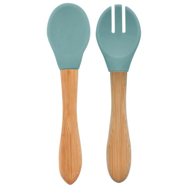 Imagem de Colher e Garfo Silicone e Bambu Dig In Aqua Green - Minikoioi