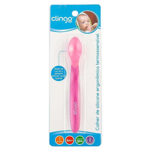 Imagem de Colher Infantil Ergonômica Silicone Termosensível Rosa Clingo