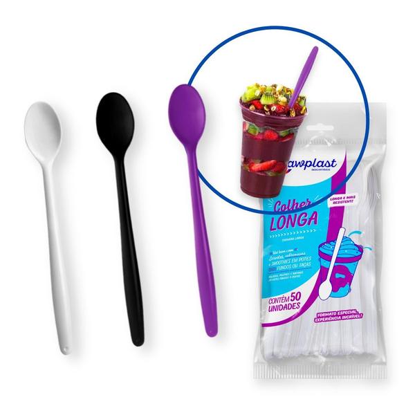 Imagem de Colher Longa Plástica Resistente para Açaí Sorvetes Smoothies Strawplast - 18cm - pct 50 unidades