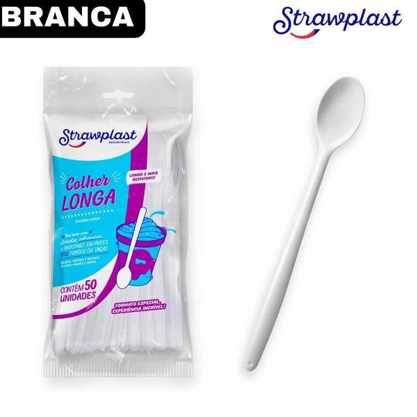 Imagem de Colher Longa Plástica Resistente para Açaí Sorvetes Smoothies Strawplast - 18cm - pct 50 unidades