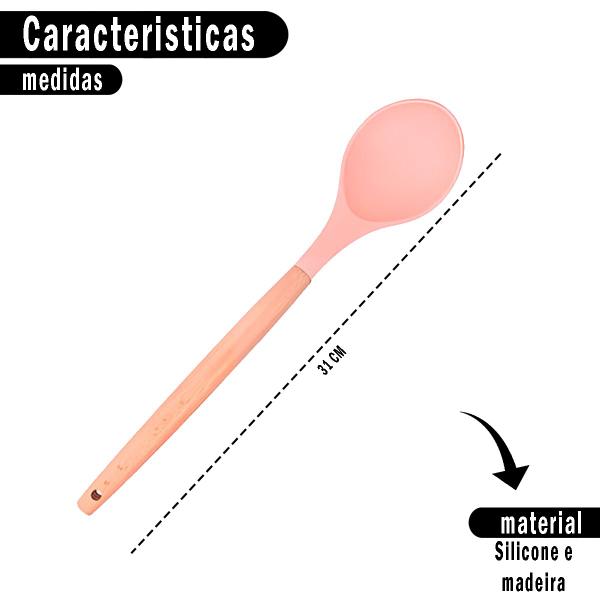 Imagem de Colher Multiuso De Silicone Rosa Cabo de Madeira Grande Alta Qualidade Reforçado Multiuso Não Risca Panela 31cm 4426