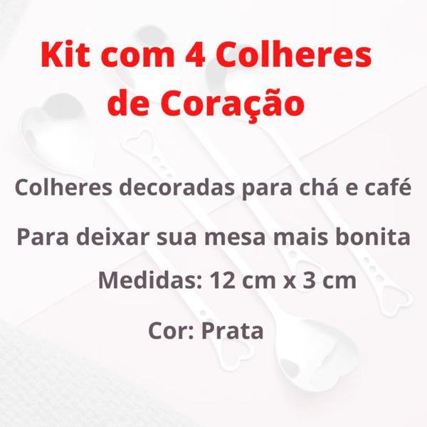 Imagem de Colher para Chá Café Mesa Posta Coração Prateado 4 Unidades