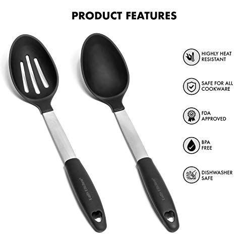 Imagem de Colheres de cozinha diárias Definir silicone resistente ao calor e metal de aço inoxidável - Melhor porção colher com aderência de borracha - Colher de silicone flexível para panela antiaderente  Colheres para cozinhar  2-Set