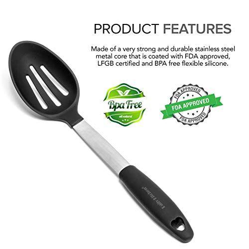 Imagem de Colheres de cozinha diárias Definir silicone resistente ao calor e metal de aço inoxidável - Melhor porção colher com aderência de borracha - Colher de silicone flexível para panela antiaderente  Colheres para cozinhar  2-Set