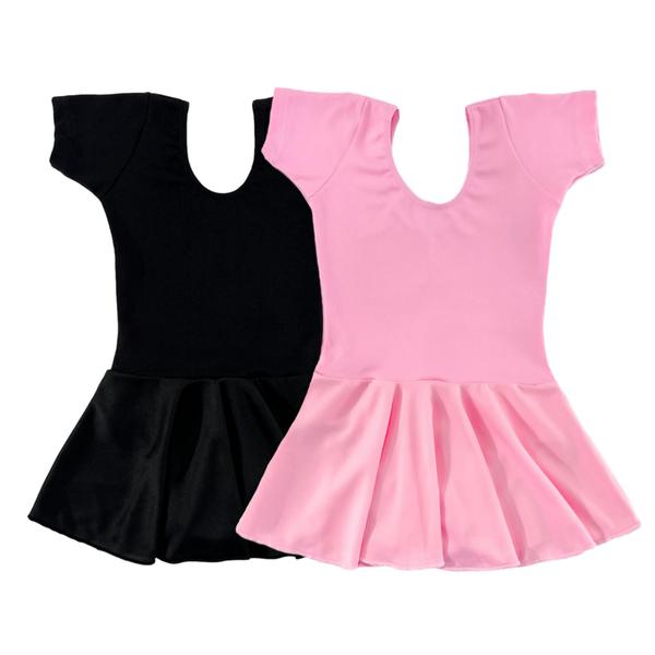 Imagem de Collant Infantil Juvenil Ballet Jazz Manga Curta com Saia Rosa Preto