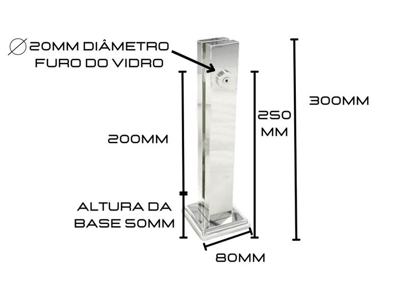 Imagem de Coluna Torre Inox Guarda Corpo Pinça Sacada Piscina 30 Cm P/ Vidro, Base Quadrada, Acabamento Polido