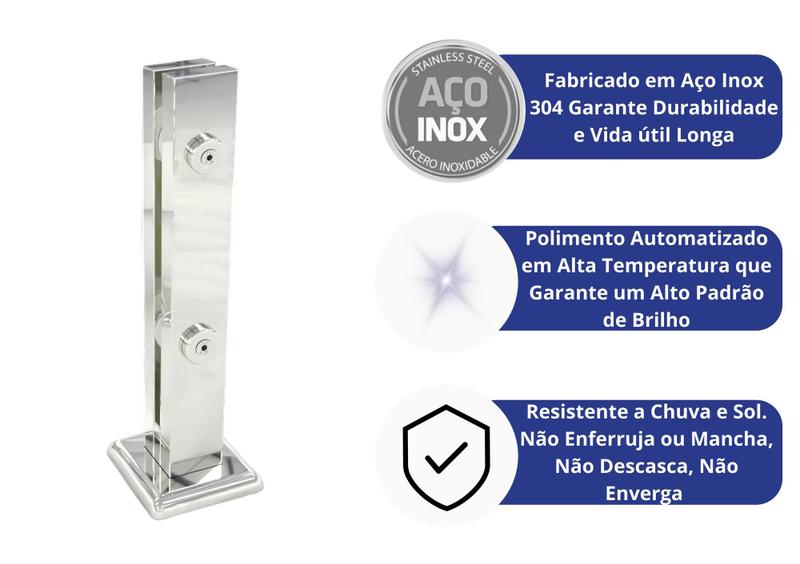 Imagem de Coluna Torre Inox Guarda Corpo Pinça Sacada Piscina 40 Cm P/ Vidro, Base Quadrada, Acabamento Polido