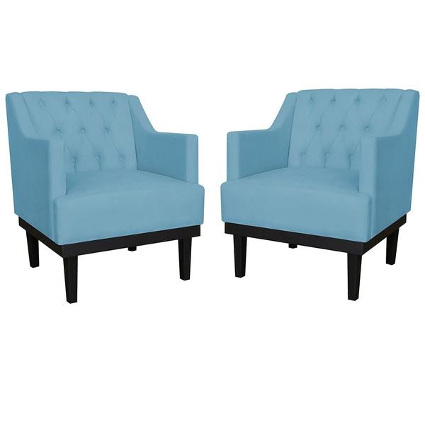 Imagem de Combo 02 Poltronas Decorativas Clássica Com Base Madeira Suede Azul Turquesa - DS Estofados