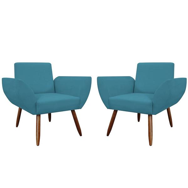 Imagem de Combo 02 Poltronas Decorativas Flora Pés Palito Suede Azul Turquesa - DS Estofados