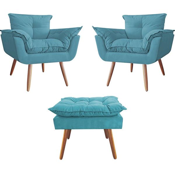 Imagem de Combo 02 Poltronas decorativas mais um Puff Opalla Pés Palito Azul Turquesa - DS Estofados