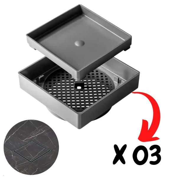 Combo 03 Ralo 10x10 Oculto Piso Porcelanato Inteligente Cinza - Ralo Invisível Imagem de Combo 03 Ralo 10x10 Oculto Piso Porcelanato Inteligente Cinza