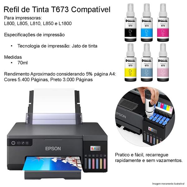 Imagem de Combo 06 Garrafas De Tintas T673 Compatível Epson Ecotank L805 Preto, ciano, magenta, amarelo, Ciano claro, magenta claro