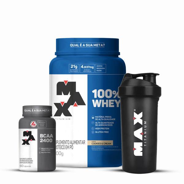 Imagem de Combo 100% Whey  900g, BCAA 60 Cápsulas e Coqueteleira 700ml - Max Titanium