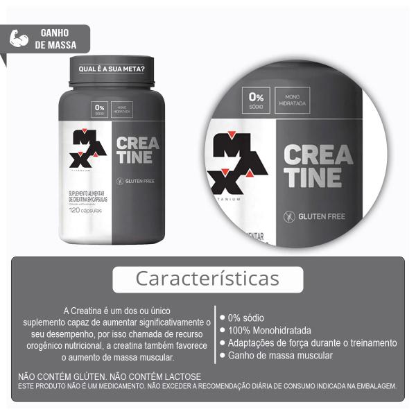 Combo 100% Whey 900g, Creatina Monohidratada 120 Cápsulas e Bcaa 60 Cápsulas - Max Titanium Imagem de Combo 100% Whey 900g, Creatina Monohidratada 120 Cápsulas e Bcaa 60 Cápsulas - Max Titanium